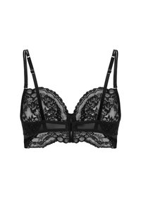 Zwarte kanten bralette met een bloemig patroon, doorschijnende panelen, verstelbare bandjes en een haak-en-oogsluiting op de rug.