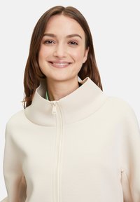 Maglione beige con zip e colletto alto, caratterizzato da una texture liscia e un tessuto morbido, progettato con uno stile minimalista e senza motivi visibili.