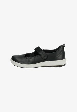 Scarpa Mary Jane nera in pelle con suola in gomma bianca, caratterizzata da un cinturino in tessuto sopra il collo del piede e un design slanciato.