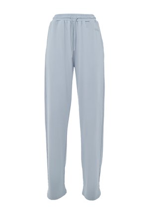 Pantaloni blu chiaro, dal taglio comodo, realizzati in tessuto morbido. Presentano una vita elasticizzata con coulisse e tasche laterali.
