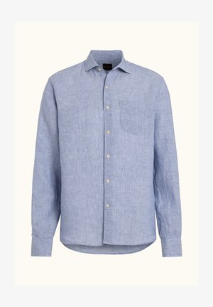 Chemise bleu clair à manches longues avec boutons, en tissu à finition texturée. Elle possède une poche poitrine simple et un ourlet arrondi.