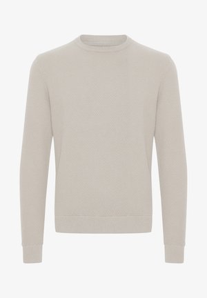 Svijetlo siva dukserica s okruglim izrezom, napravljena od teksturiranog materijala s suptilnim dijamantnim uzorkom, rebrastim manžetama i rubom, te ležernim krojem.