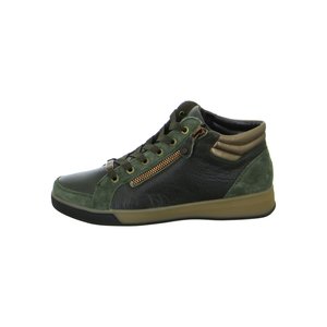 Dunkelgrüner und schwarzer High-Top-Sneaker mit Schnürung vorne, seitlichem Reißverschluss und gepolstertem braunem Kragen, mit beiger Sohle.