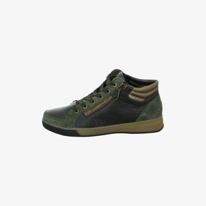 Dark green and black high-top sneaker with lace-up front, side zipper, and tan padded collar, featuring a beige sole.