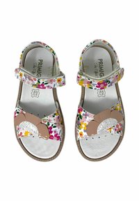 Sandali floreali con motivi bianchi, rosa e gialli, dotati di due cinturini regolabili e un accento decorativo a forma di fiore color tan con glitter.