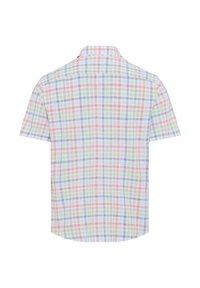 Camicia a maniche corte a quadri con un motivo multicolore di quadrati rossi, verdi, blu e bianchi, realizzata in un tessuto leggero.