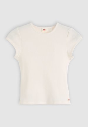 White short-sleeve ribbed t-shirt with a round neckline. Features Levi's label on the bottom left and a soft, textured fabric.