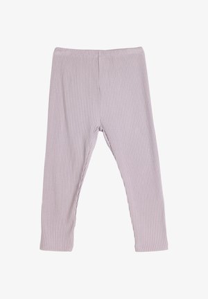 Leggings de color púrpura claro con canalé y una cinturilla elástica, que presentan un diseño de longitud completa y una textura suave. Sin patrones ni acentos visibles.