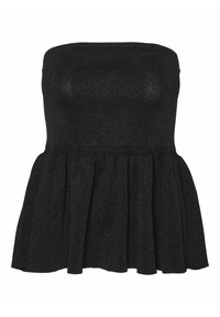 Svart strapless peplum-top i texturerad stickad kvalitet, med en figursydd bodice och en utsvängd nederkant med en subtil skimrande effekt.