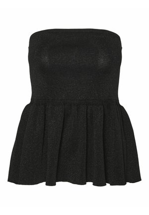 Črn brezramni peplum top, izdelan iz teksturirane pletene tkanine, ki se ponaša s prilegajočim zgornjim delom in razširjenim robom z diskretnim sijajem.