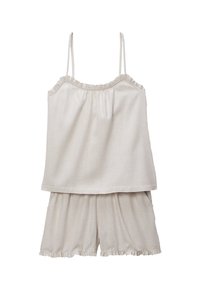 Ensemble deux pièces beige clair composé d'un haut sans manches et d'un bas court. Motif rayé, tissu doux, bords froncés et accents volantés.