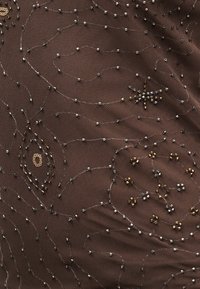 Καφέ δίχτυ ύφασμα με περίπλοκα μοτίβα από μικρές, λαμπερές χρυσές και ασημένιες χάντρες ραμμένες σε στροβιλιζόμενα και λουλουδένια σχέδια.