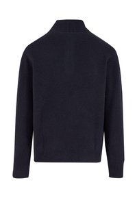 Textured navy cardigan with a high collar, ribbed cuffs, and hem. Classic fit, soft material, and solid pattern.