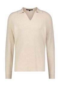 Beige gestrickter Pullover mit V-Ausschnitt, langen Ärmeln und gerippter Textur. Das Design verfügt über einen klassischen Kragen und eine entspannte Passform.