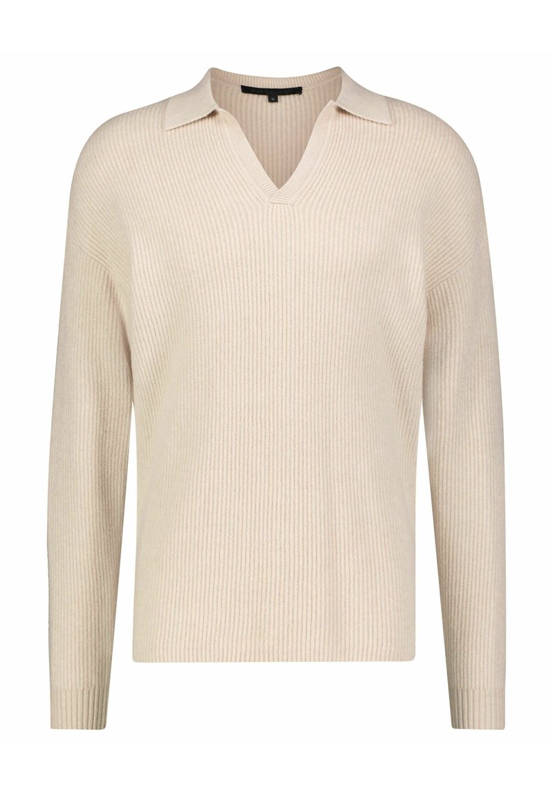 Beige gestrickter Pullover mit V-Ausschnitt, langen Ärmeln und gerippter Textur. Das Design verfügt über einen klassischen Kragen und eine entspannte Passform.