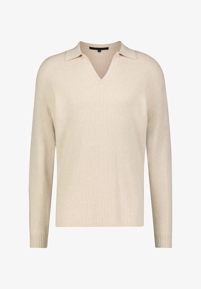 Sweater bege de malha com decote em V, mangas longas e textura canelada. O design apresenta uma gola clássica e um corte solto.