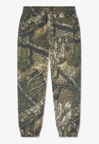 Kárované jogger nohavice s elastickým pásom, s textúrovaným dizajnom v odtieňoch hnedej, zelenej a sivej, ktorý napodobňuje prírodné prvky, vrátane zadného vrecka.