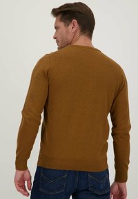 Effen bruine trui met lange mouwen, een ronde hals en geribbelde manchetten. Gedragen over donkerblauwe jeans, die een aangesloten ontwerp tonen.