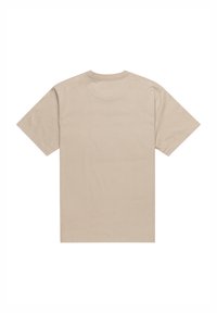 Beiges T-Shirt mit kurzen Ärmeln aus Baumwolle. Klassischer Rundhalsausschnitt mit glatter Textur. Keine sichtbaren Muster oder Grafiken.