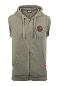 Mouwloze olijfgroene hoodie met een ritssluiting, twee voorkanten zakken en een ronde rode logo met een gorilla. Zacht, gestructureerd stof.