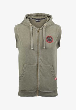 Sleeveless olive-green hoodie with a zip closure, two front pockets, and a circular red logo featuring a gorilla. Soft, textured fabric.