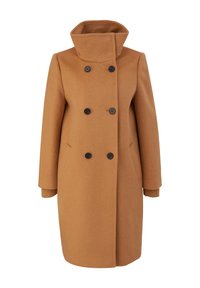 Manteau croisé en laine mélangée brun chaud, avec des boutons noirs, un col haut, des poches latérales et des poignets côtelés.