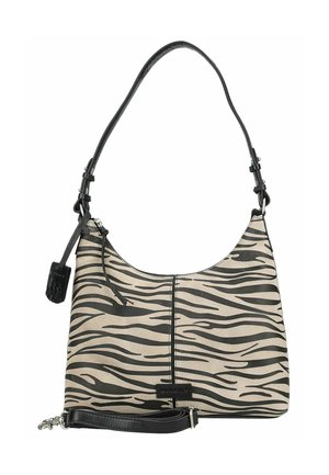 Torebka na ramię w nadruk zebry z czarnym skórzanym paskiem i odpinanym nadgarstkiem, zamknięciem na zamek i małą markową metką z przodu.