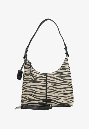 Sac à épaule imprimé zèbre avec une bandoulière en cuir noir et un bracelet détachable, fermeture éclair et petite étiquette de marque à l’avant.