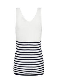 Witte tanktop met een V-halsontwerp met horizontale marineblauwe strepen aan de onderkant. De stof heeft een geribbelde textuur.