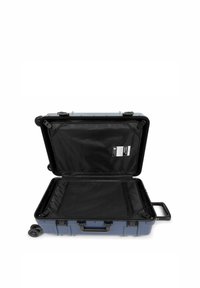 Hard-shell suitcase in dark blue with black interior, featuring a mesh divider, dual wheels, and robust handle. Open with ample storage space.
