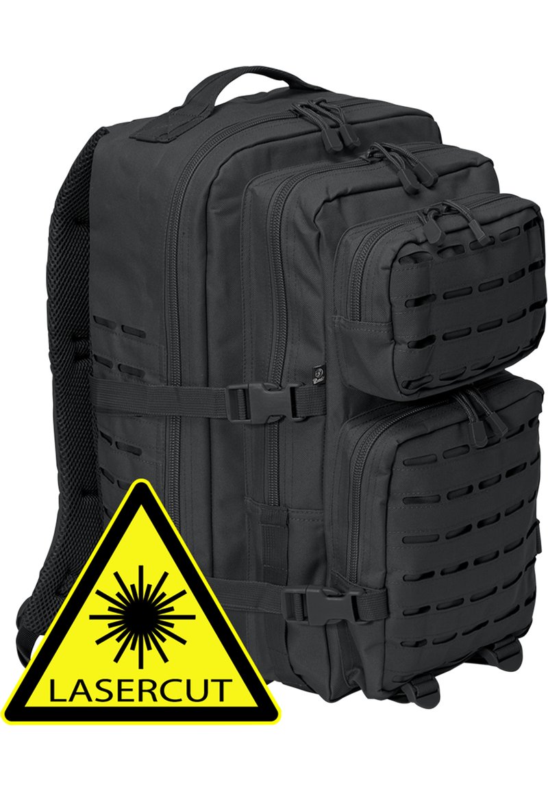 Mochila táctica negra con múltiples compartimentos, respaldo de malla acolchada y detalles cortados con láser; incluye cremalleras reforzadas y correas ajustables.