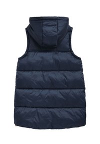 Gilet matelassé bleu marine avec capuche, présentant un design matelassé et une texture lisse et brillante. Aucun système de fermeture à l'avant n'est visible.