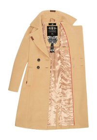 Beige jas met een dubbelzijdig ontwerp, grote kraag en satijnen voering. Voorzien van bruine knopen en een rode interieuraccent.