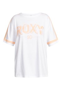 Bílá oversize bavlněná tričko s oranžovými akcenty a grafikou "ROXY 90 NATURE" na přední straně. Krátké rukávy, kulatý výstřih, volný střih.