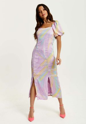 Liquorish MIDI SQUARE NECK, BRUSH STROKE PRINT  - Day dress - orange
