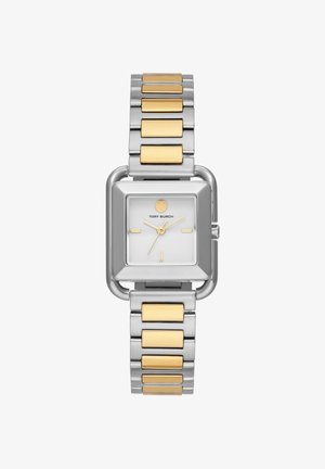 Square silver watch with gold accents, white dial, gold hands, minimalist markers, and two-tone metal link band.