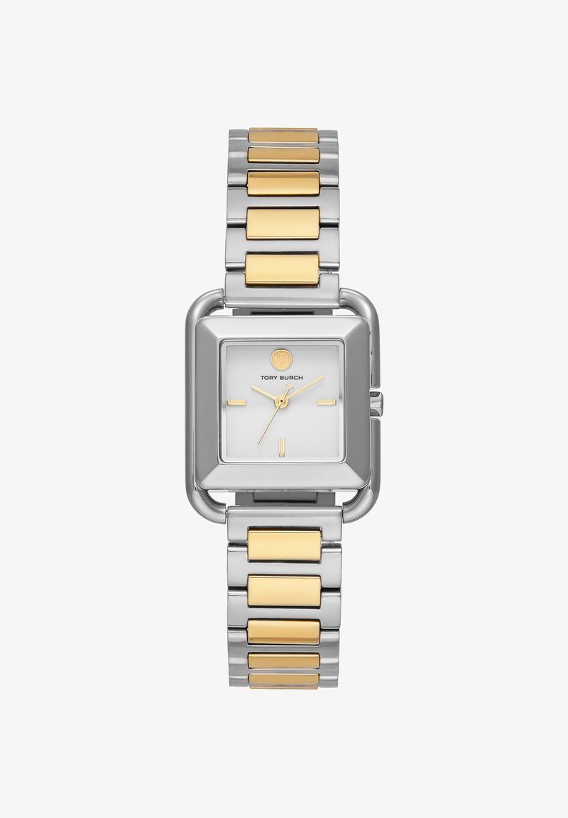Montre carrée en argent avec des accents dorés, cadran blanc, aiguilles dorées, marqueurs minimalistes et bracelet métallique bicolore.