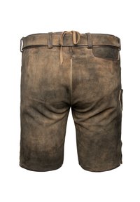 Braune Ledershorts mit strukturierter Oberfläche, Gürtelschlaufen, Kordelzugbund, Gesäßtasche und seitlicher Werkzeugtasche.