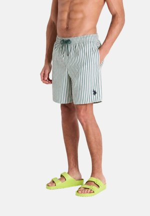 Uomo che indossa pantaloncini da bagno a righe verticali verdi e bianchi e sandali verdi brillanti con fibbia, in piedi davanti a uno sfondo semplice.
