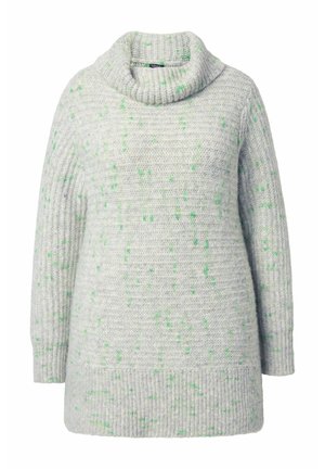 Szary sweter dzianinowy z kapturem, z zielonymi przebłyskami, z prążkowanymi mankietami i dołem, w luźnym kroju dla wygody i ciepła.