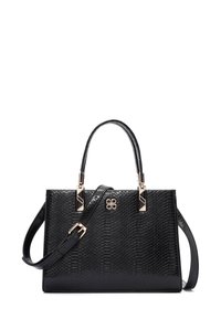 Borsa nera in materiale sintetico con texture, dotata di accessori in oro, doppi manici superiori e tracolla rimovibile.