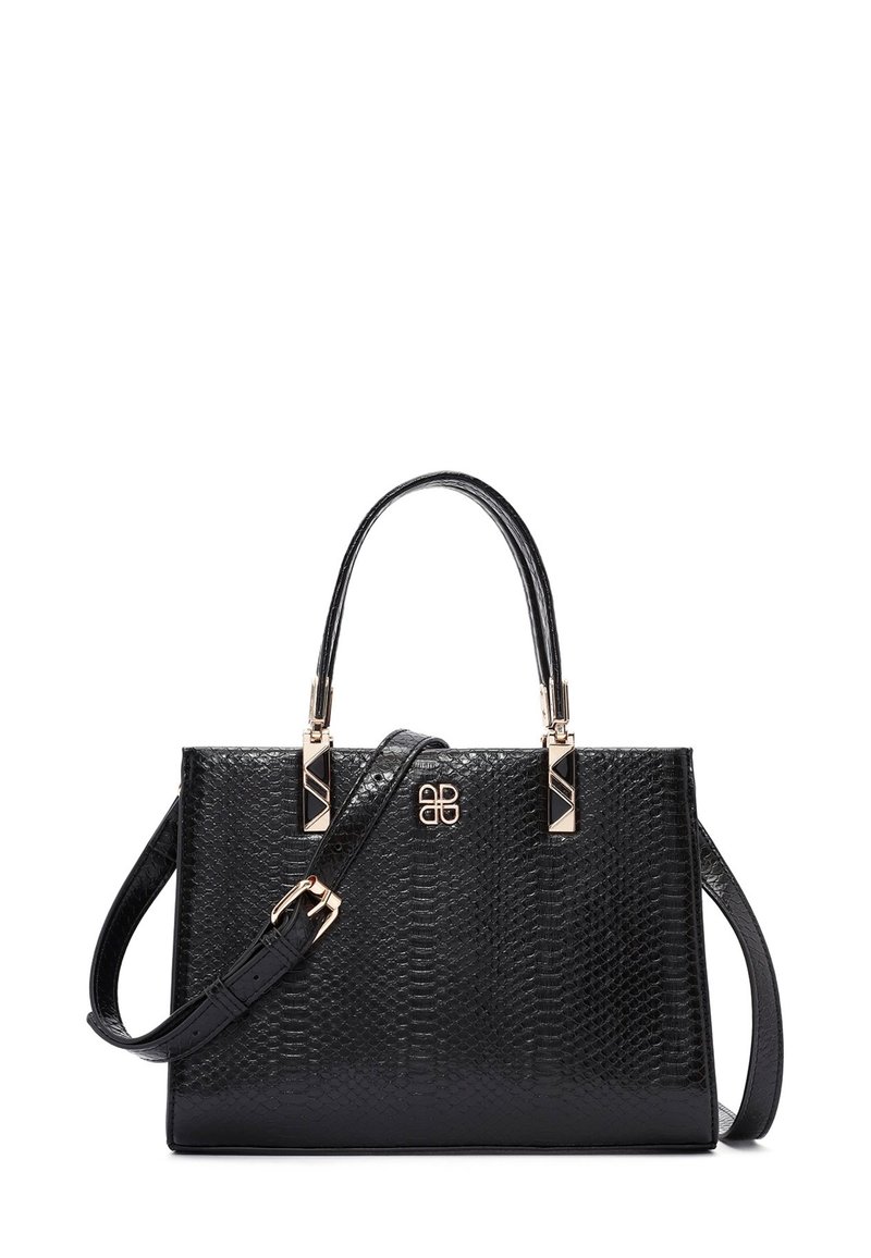 Borsa nera in materiale sintetico con texture, dotata di accessori in oro, doppi manici superiori e tracolla rimovibile.