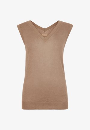 Beige ärmlös stickad topp med V-ringning, med en mjuk textur och en figurnära design. Lappen sitter i midjan på baksidan.