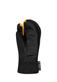 Schwarze wasserdichte Handschuhe mit einem Leder-Handflächen, ausgestattet mit einem gelben Akzent am Bündchen und einem Design mit vier Fingern für zusätzliche Geschicklichkeit.