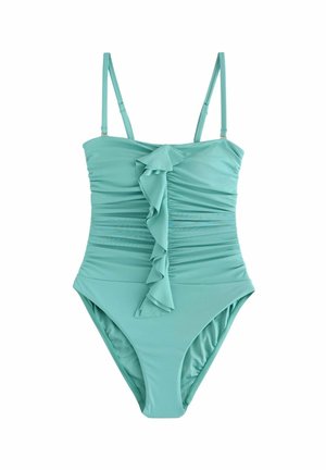 Aquamarinfarbener Badeanzug mit verstellbaren Trägern, einem gerüschten Frontdetail und geraffter Textur am Oberteil sowie einem figurbetonten Unterteil.