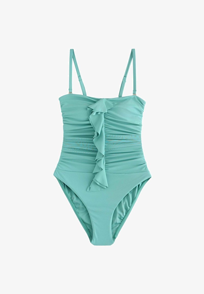 Akvamarino spalvos vientisas maudymosi kostiumėlis su reguliuojamomis petnešėlėmis, raukšlėtu priekiniu dizainu ir suspaustu audiniu ant liemens bei prigludusia apačia.