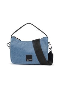 Denim crossbody bag in light blue. Features a black adjustable strap with embossed logo, zip closure, and a small front logo patch.