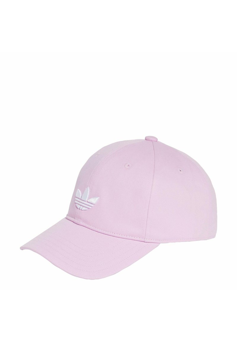 Roze katoenen pet met een gestructureerd ontwerp, voorzien van een wit geborduurd logo aan de voorkant en een gebogen klep.