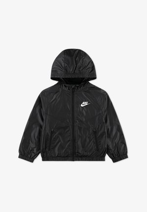 Schwarze Nylon-Windbreaker-Jacke mit Kapuze, durchgehendem Reißverschluss, elastischen Bündchen und seitlichen Taschen. Mit einem weißen Nike-Logo auf der Brust.