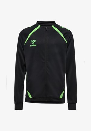 Czarna sportowa kurtka na zamek z neonowozielonymi paskami na ramionach i kieszeniach, z logo Hummel na lewej piersi.